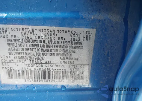 2021 Nissan Sentra Sr Xtronic Cvt из США, поврежденный, VIN 3N1AB8DV3MY246087